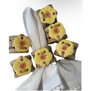 Floral Hand Hibiscus Beach‎ Ceramic Rattan Napkin Rings 6 Party Table Setting